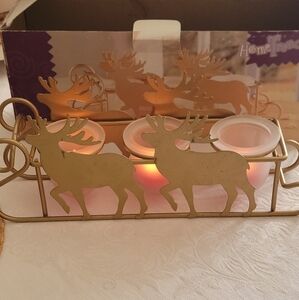 Gold Metal Wire Sleigh Candle Holder x3 reindeer 12" Long